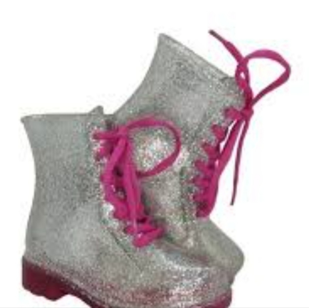 Wonder Nation Silver Glitter Kids Rain Boots with Pink Accents Size 2-3